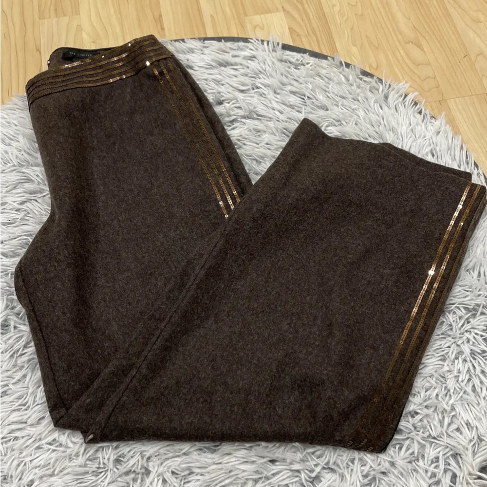 The Limited Women's Size 10 Brown Wool Lined Wide Leg Pants Sequins Back Zip